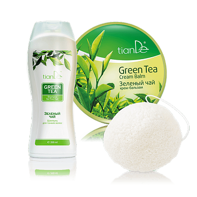 При покупке Шампуня "Зеленый чай" и Крем-бальзама "Зеленый чай"- в подарок Натуральный спонж "Конняку"