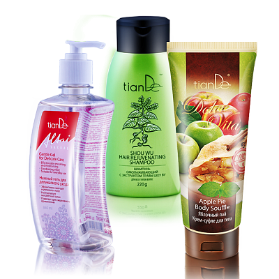 Při nákupu omlazujícího šamponu s extraktem z byliny Shou Wu + jemný gel pro šetrnou péči –  DÁREK  tělový krém-suflé „Jablkový koláč “